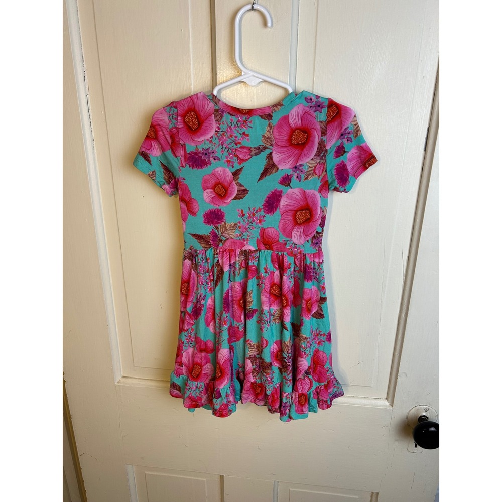 Posh Peanut Kienna Turquoise Pink Hibiscus Floral Bamboo Twirl Dress 3T-4T
